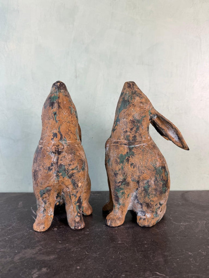 Pair of Weathered Cast Iron Rabbit Garden Sculptures with Verdigris Patina