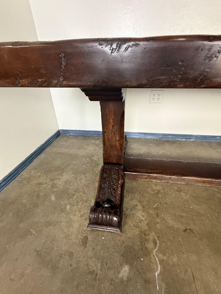 Monumental Spanish Revival Carved Trestle Dining Table, Early 20th Century