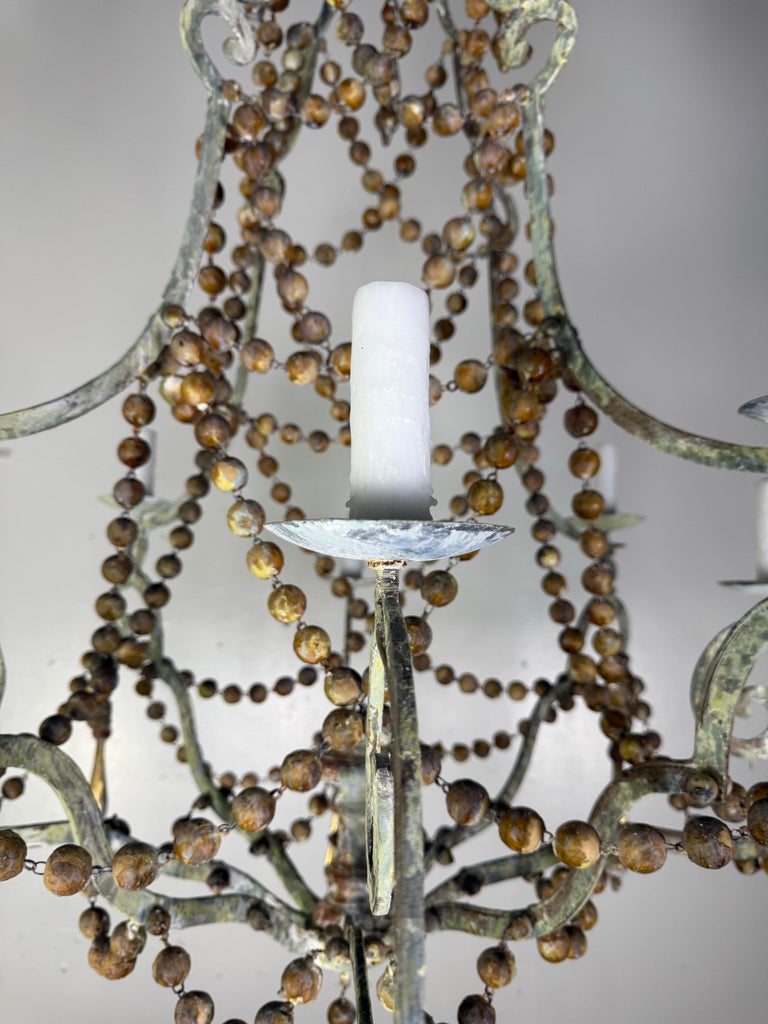 French Provençal Painted Iron Chandelier with Wooden Bead Garlands