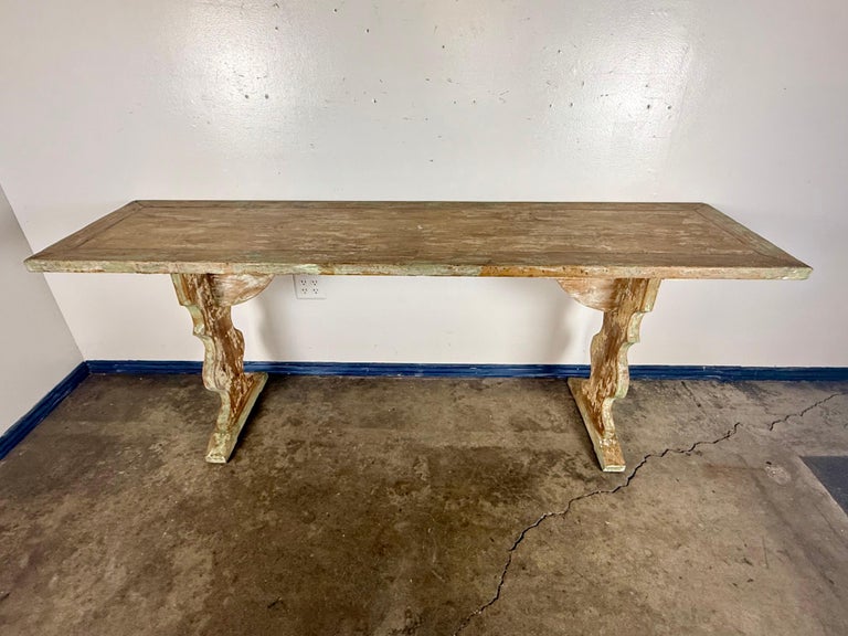 Weathered Swedish-Style Pine Console Table with Lyre-Shaped Supports