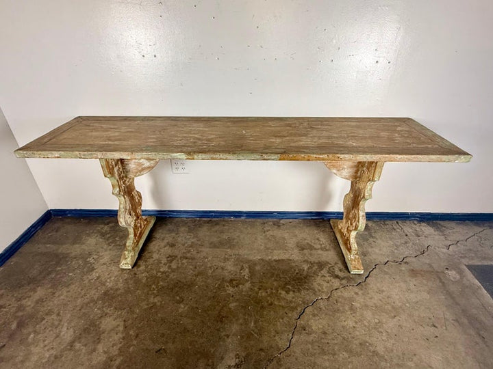 Weathered Swedish-Style Pine Console Table with Lyre-Shaped Supports