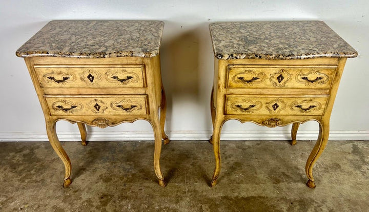 Pair of French End Table w/ Drawers and Granite Tops C. 1930's