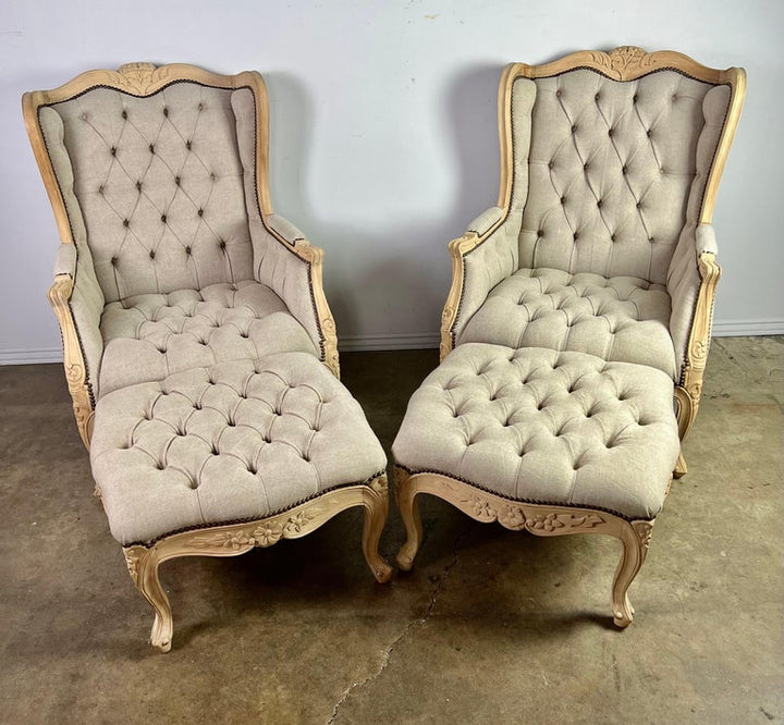 Pair of French Wingback Louis XV Style Armchairs w/ Matching Ottomans