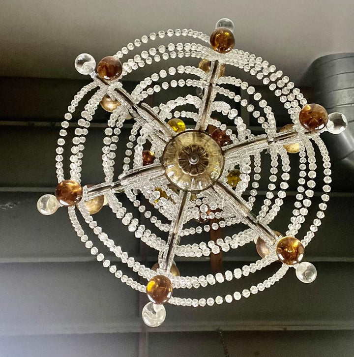 French Crystal Beaded Chandelier W/ Amber Drops, circa 1930