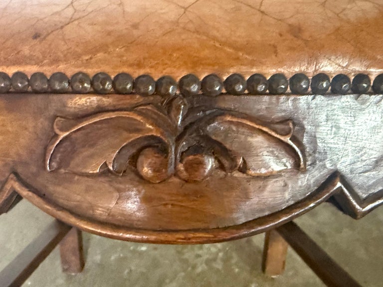 Set of Eight French Carved Wood Dining Chairs with Leather Upholstery