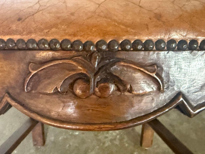 Set of Eight French Carved Wood Dining Chairs with Leather Upholstery