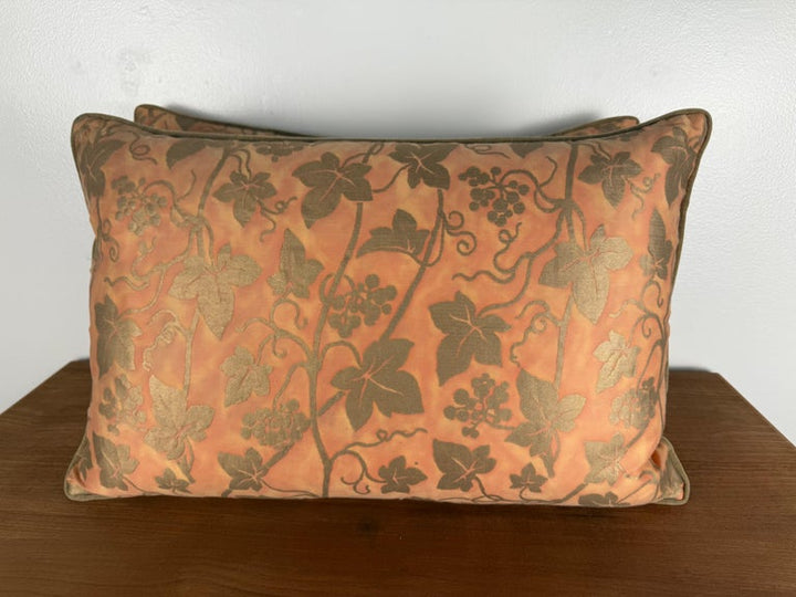 Pair of Authentic Fortuny “Vine & Grapes” Pattern Pillows in Coral and Gold