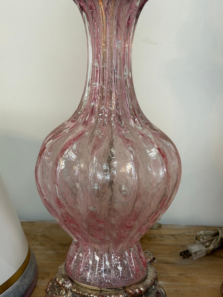 Pair of Murano Pink Bullicante Glass Table Lamps - Barovier &amp; Toso Style
