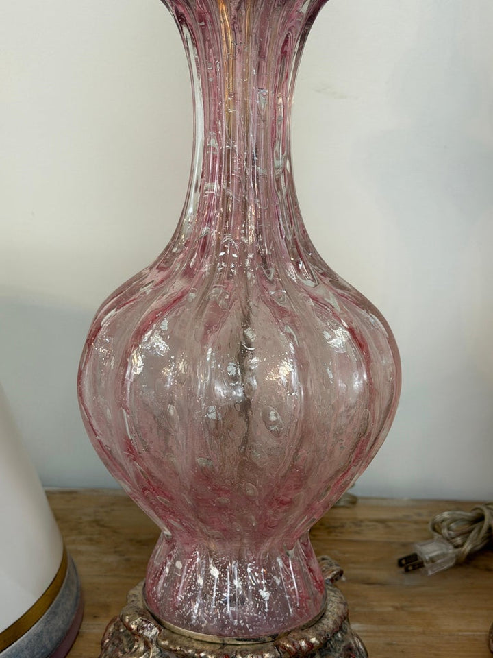 Pair of Murano Pink Bullicante Glass Table Lamps - Barovier &amp; Toso Style