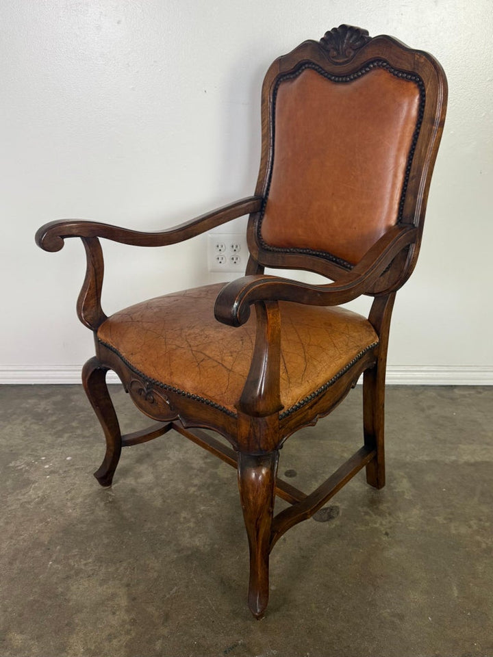 Set of Eight French Carved Wood Dining Chairs with Leather Upholstery