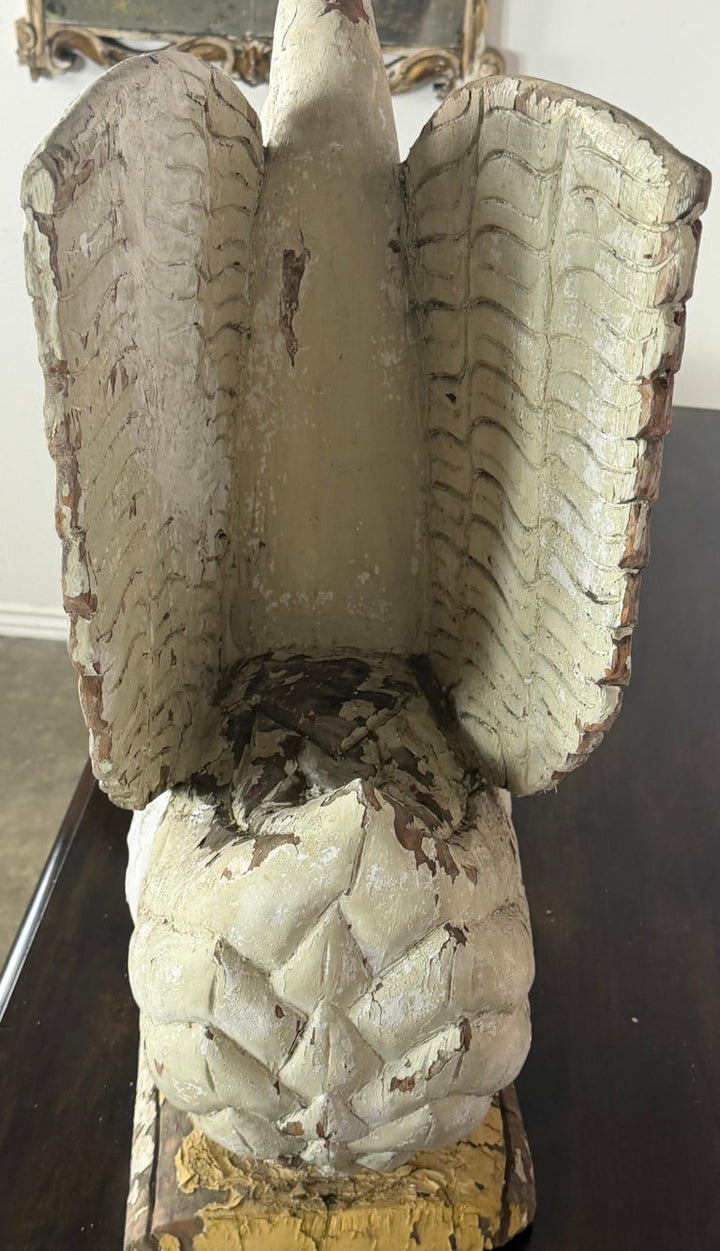 Large Antique Folk Art Carved Wood Swan - Original White Patina