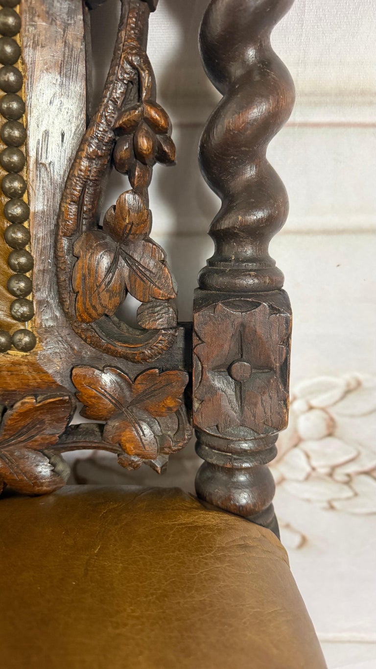 Set of 6 Antique Jacobean Hunt Chairs in Heavily Carved Oak with Cognac Leather