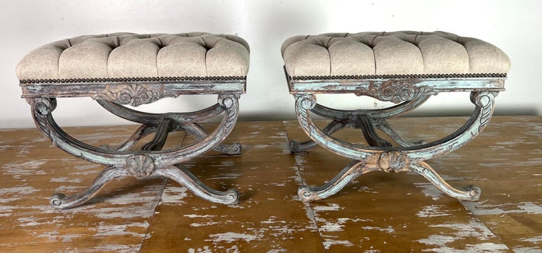 Pair of French Provincial Style Painted Benches C. 1930