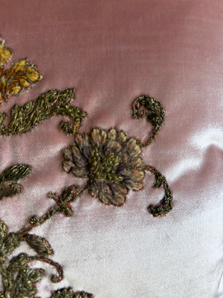 Pair of French Couture Blush Silk Velvet Pillows with 19th Century Appliques&