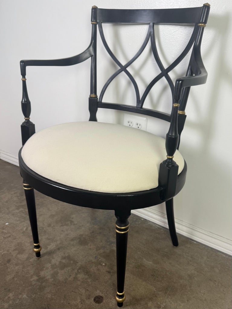 Set of Twelve Regency-Style Ebonized Dining Chairs with Linen Seats