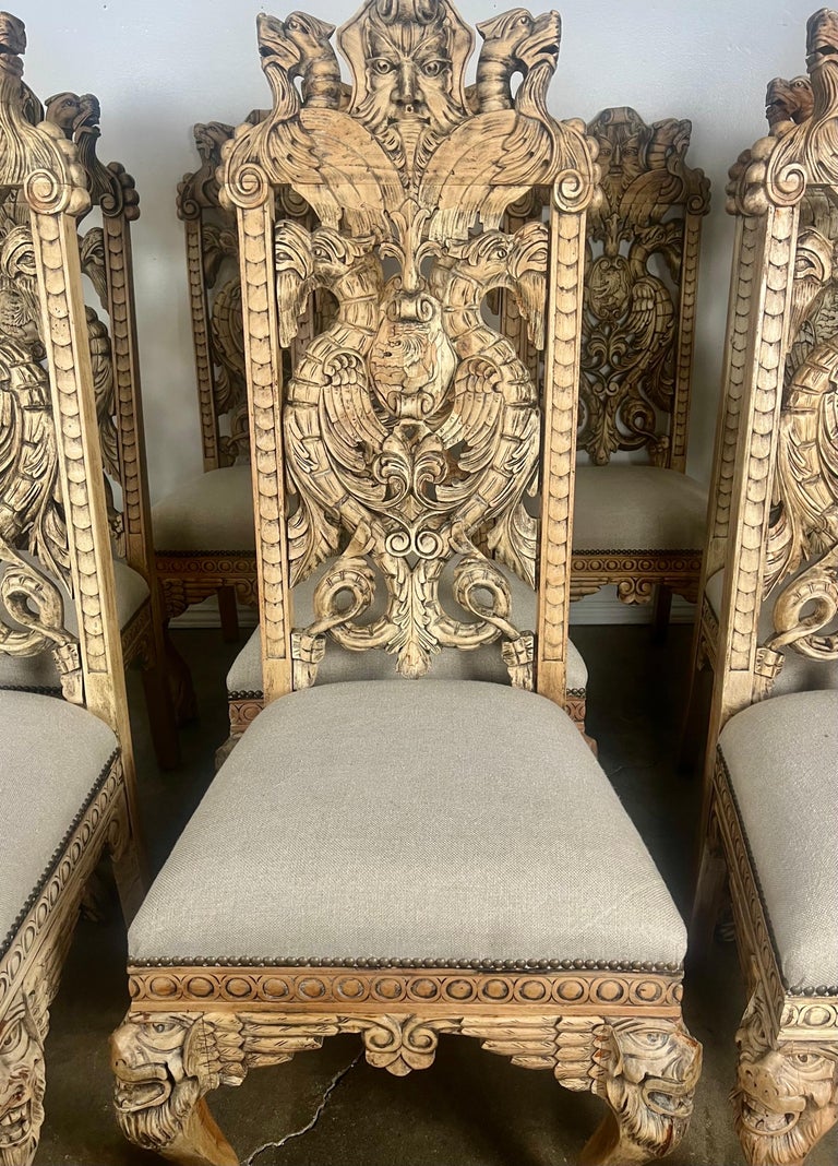 Set of Ten Gothic Style  Carved English Dining Chairs