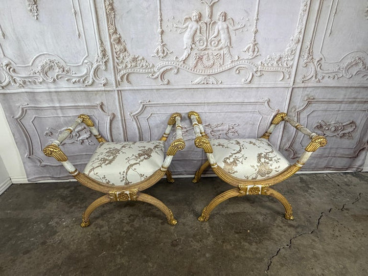 Pair of Italian Neoclassical Curule Stools w/ Fortuny Upholstery
