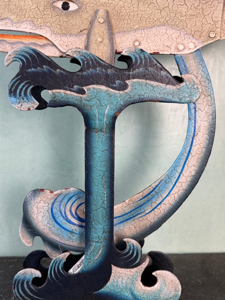 Vintage Folk Art Carved Whale Kinetic Sculpture on Stylized Ocean Base