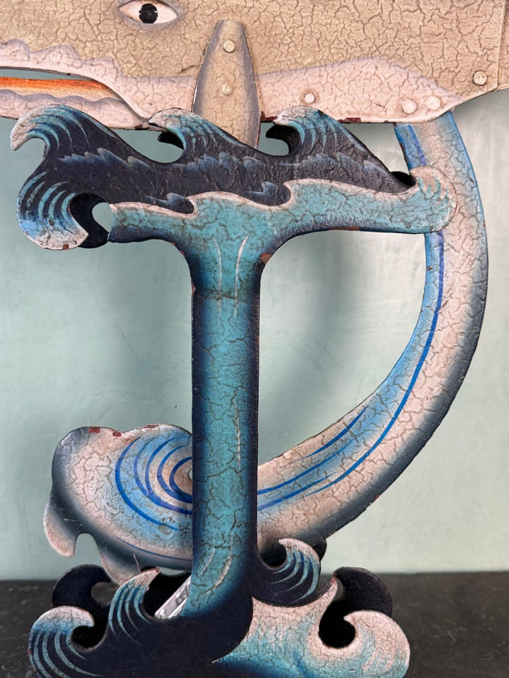 Vintage Folk Art Carved Whale Kinetic Sculpture on Stylized Ocean Base