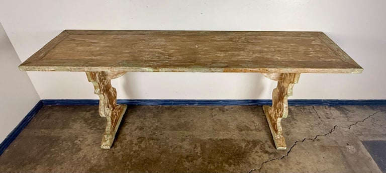 Weathered Swedish-Style Pine Console Table with Lyre-Shaped Supports