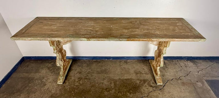 Weathered Swedish-Style Pine Console Table with Lyre-Shaped Supports