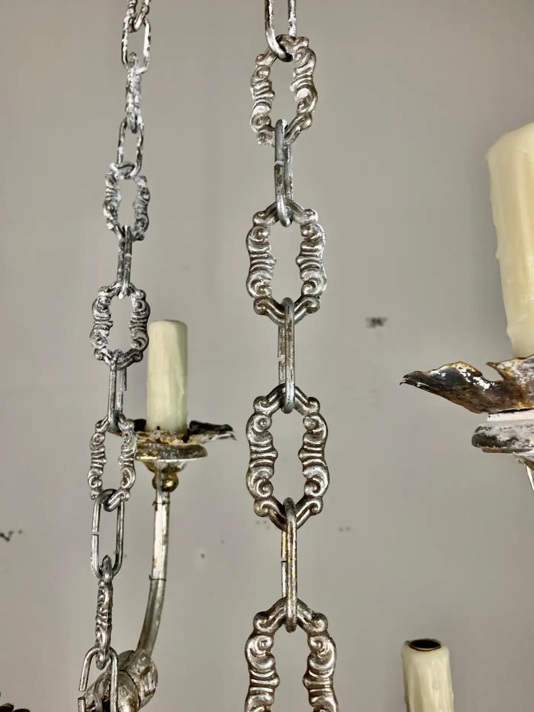 Two-Tier Silvered Wood and Metal Chandelier