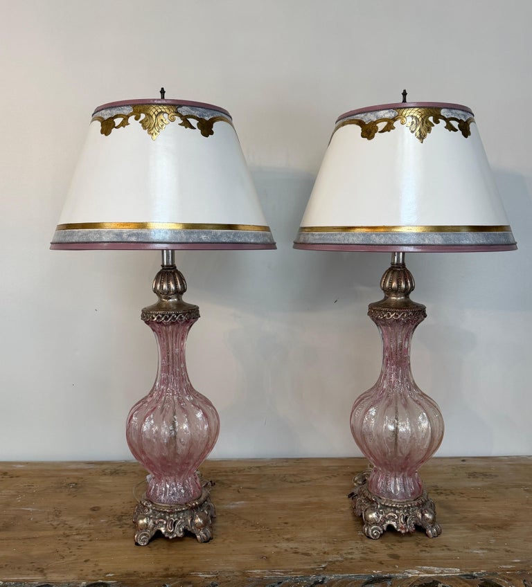 Pair of Murano Pink Bullicante Glass Table Lamps - Barovier &amp; Toso Style
