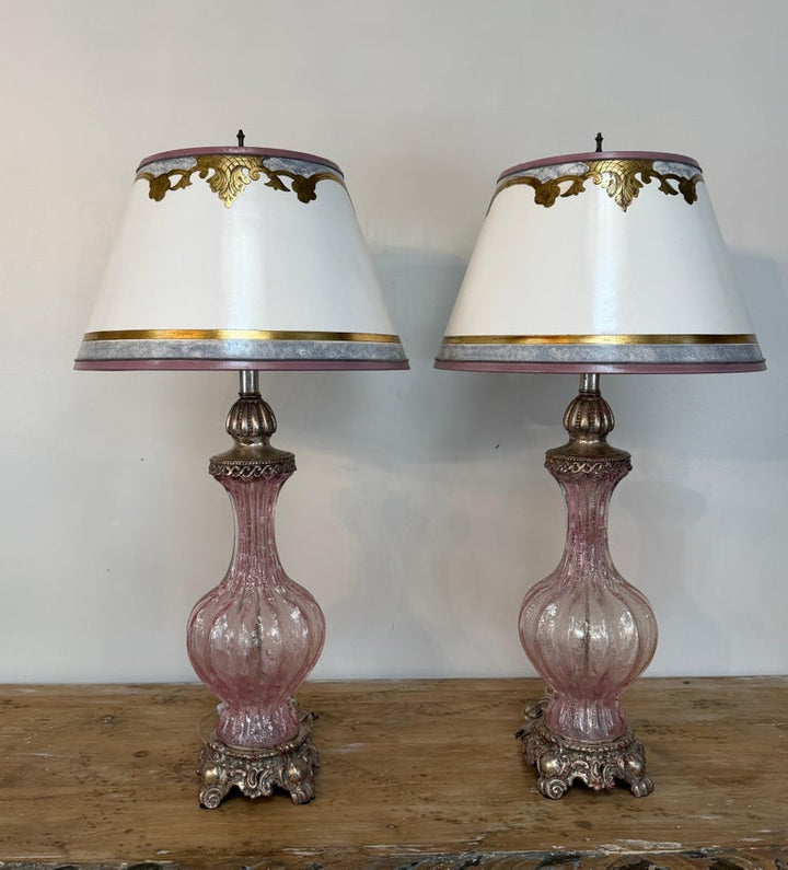 Pair of Murano Pink Bullicante Glass Table Lamps - Barovier &amp; Toso Style
