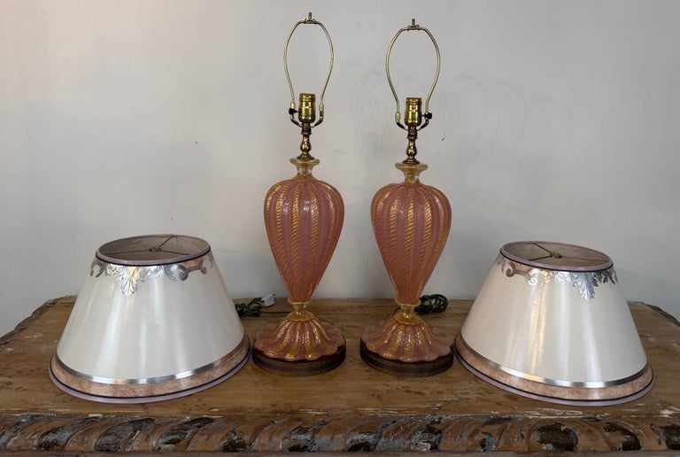 Pair of Murano Pink and Gold Glass Table Lamps w/ Coordinating Parchment Shades