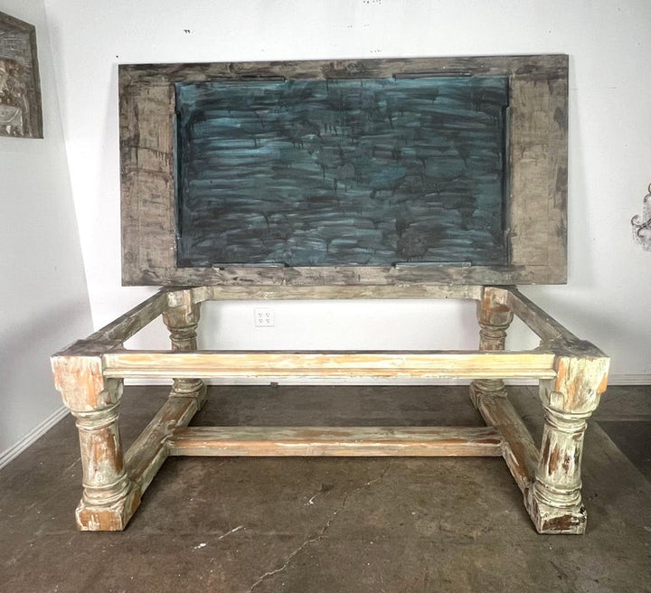 Rustic Painted Dining Table w/ Herringbone Pattern Top