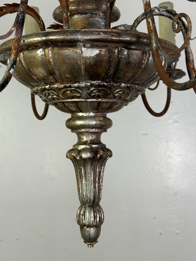 Italian Silvered Wood and Iron Six-Light Chandelier