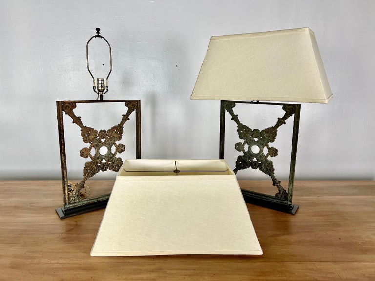 Pair of Wrought Iron Lamps with Linen Shades