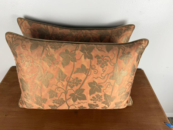 Pair of Authentic Fortuny “Vine & Grapes” Pattern Pillows in Coral and Gold