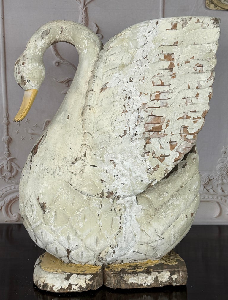 Large Antique Folk Art Carved Wood Swan - Original White Patina
