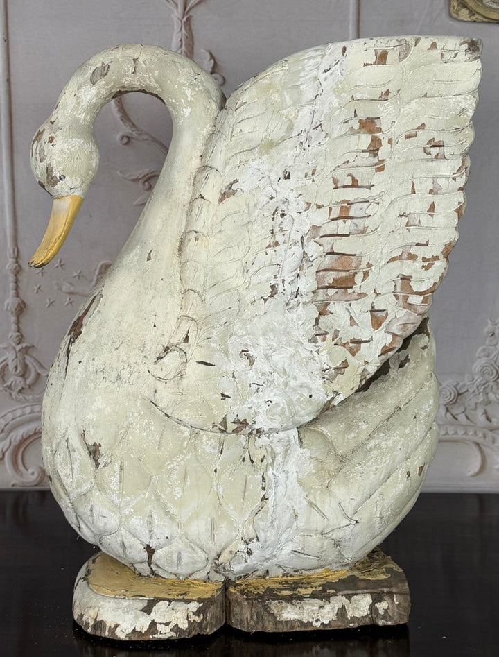 Large Antique Folk Art Carved Wood Swan - Original White Patina