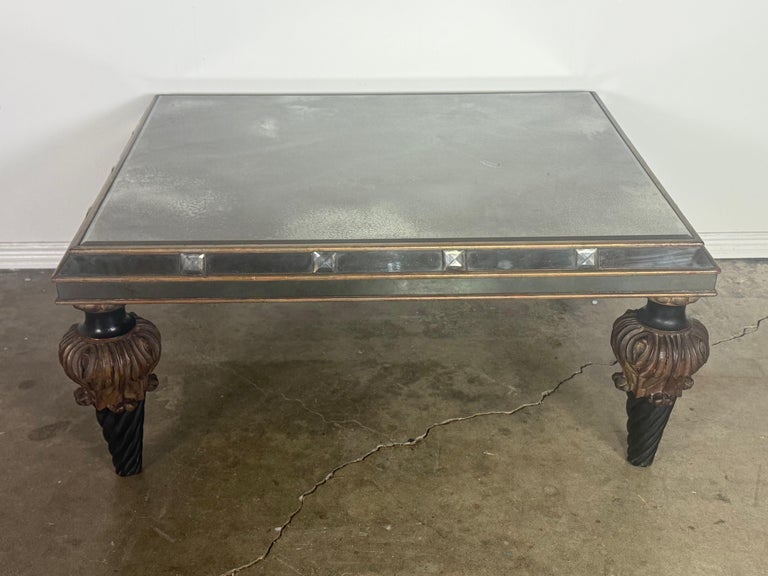 Hollywood Regency Mirrored Coffee Table with Carved Wood and Twisted