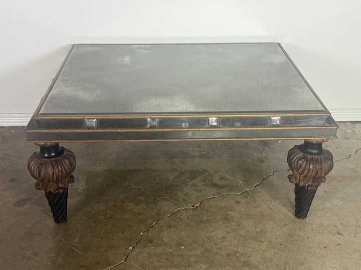 Hollywood Regency Mirrored Coffee Table with Carved Wood and Twisted