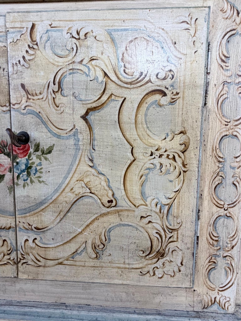 Italian Rococo Painted Serpentine Credenza with Floral Cartouches