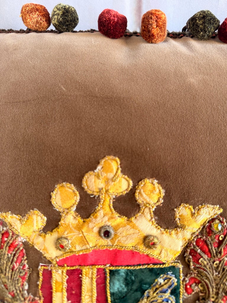 Pair of Velvet Pillows with 19th Century Metallic & Silk Embroidered Crests