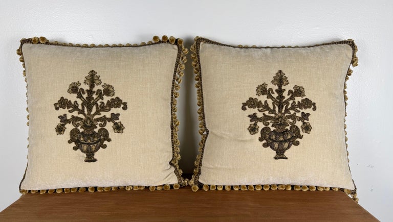 Pair of Custom Velvet Pillows with 19th-Century French Metallic Appliqués