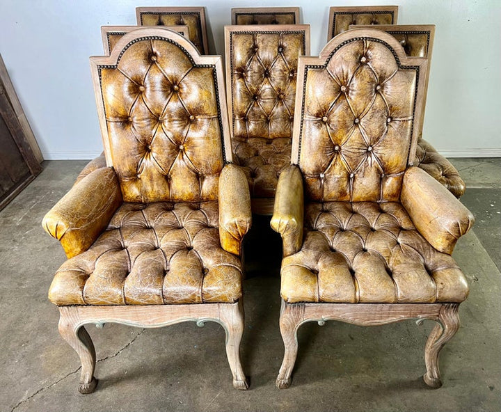 Set of Eight French Leather Tufted Dining Chairs C. 1940