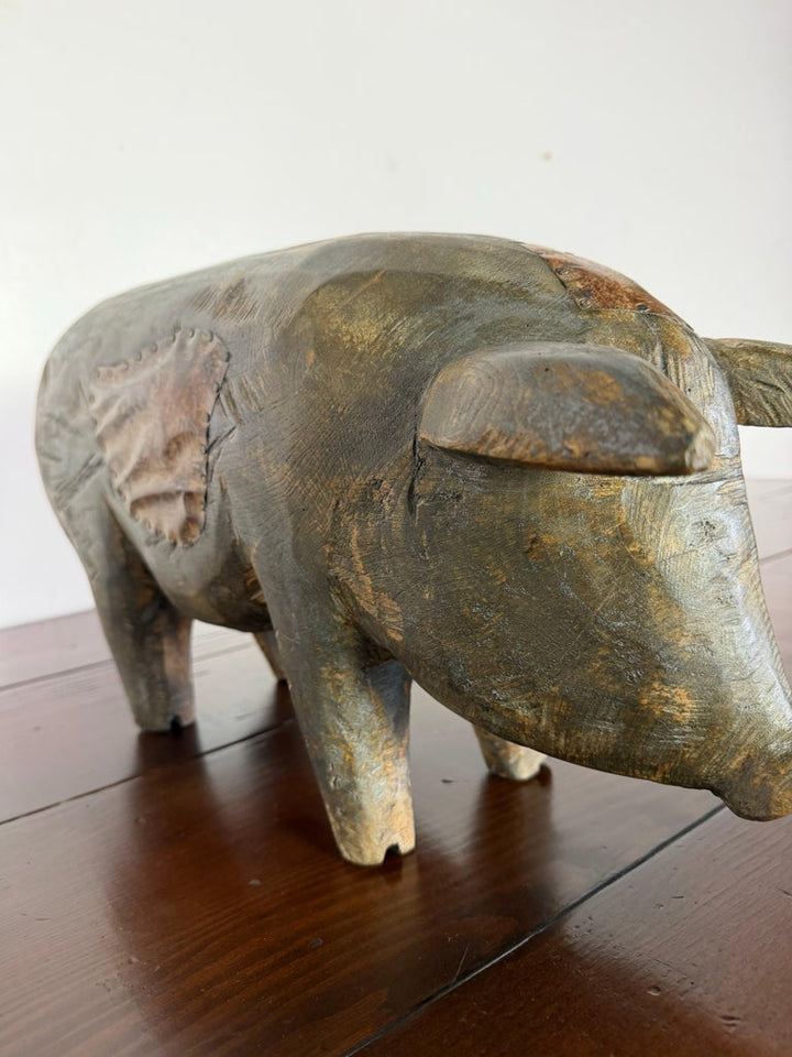 Folk Art Carved Wooden Pig Sculpture with Patinated Finish