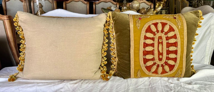 Pair of 19th C. Metallic Embroidered Pillows w/ Trim