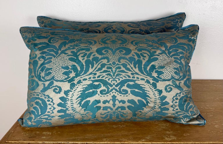 Pair of  Fortuny Style Textile Pillows with Blue Silk Backs