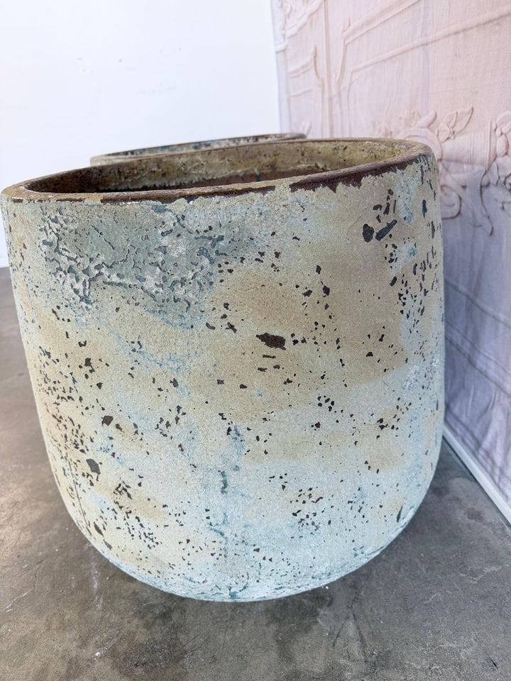 Pair of Large 20th Century Pitted Limestone-Finish Terra Cotta Planters