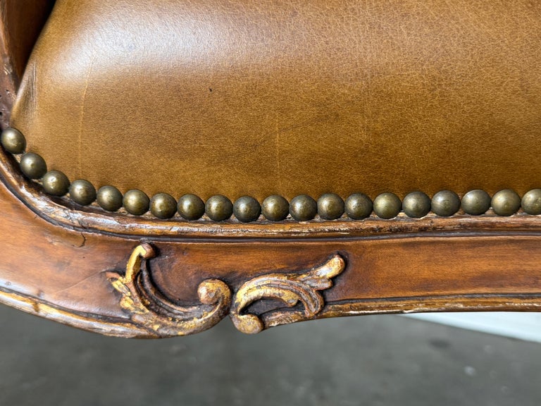 Pair of VIntage French Louis XV Cognac Leather Fauteuils
