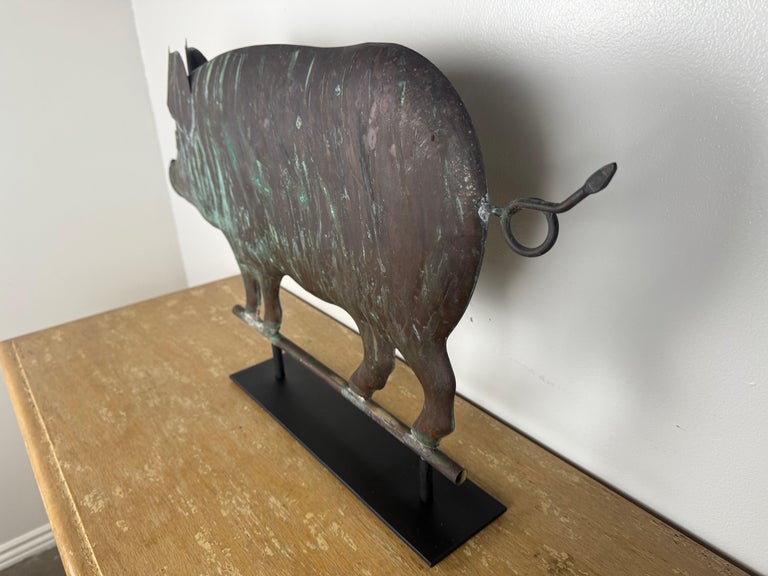 Antique Copper Pig Folk Art Weathervane on Custom Iron Stand