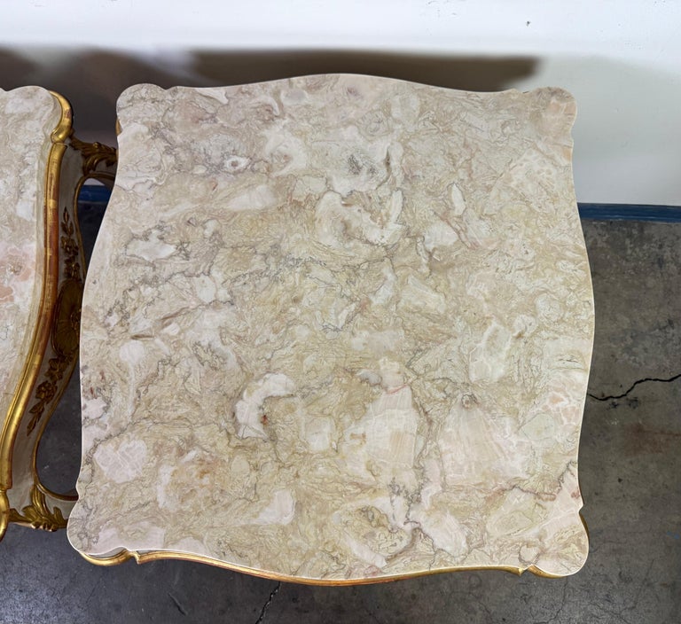 Pair of Giltwood & Painted Marble-Top Side Tables with Drawers