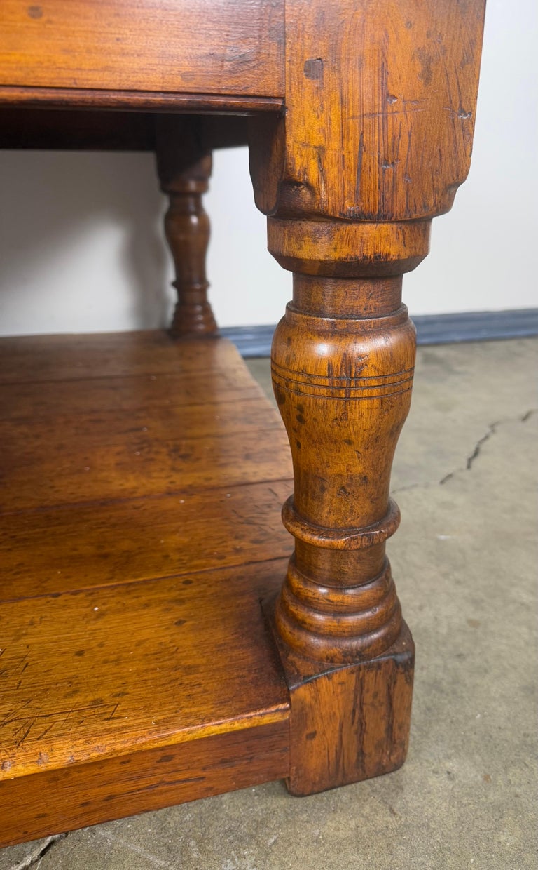 French Country Walnut Coffee Table with Turned Legs and Lower Shelf