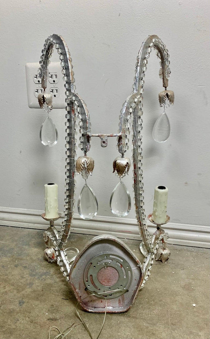 Pair of Silvered 2-Light Crystal Sconces